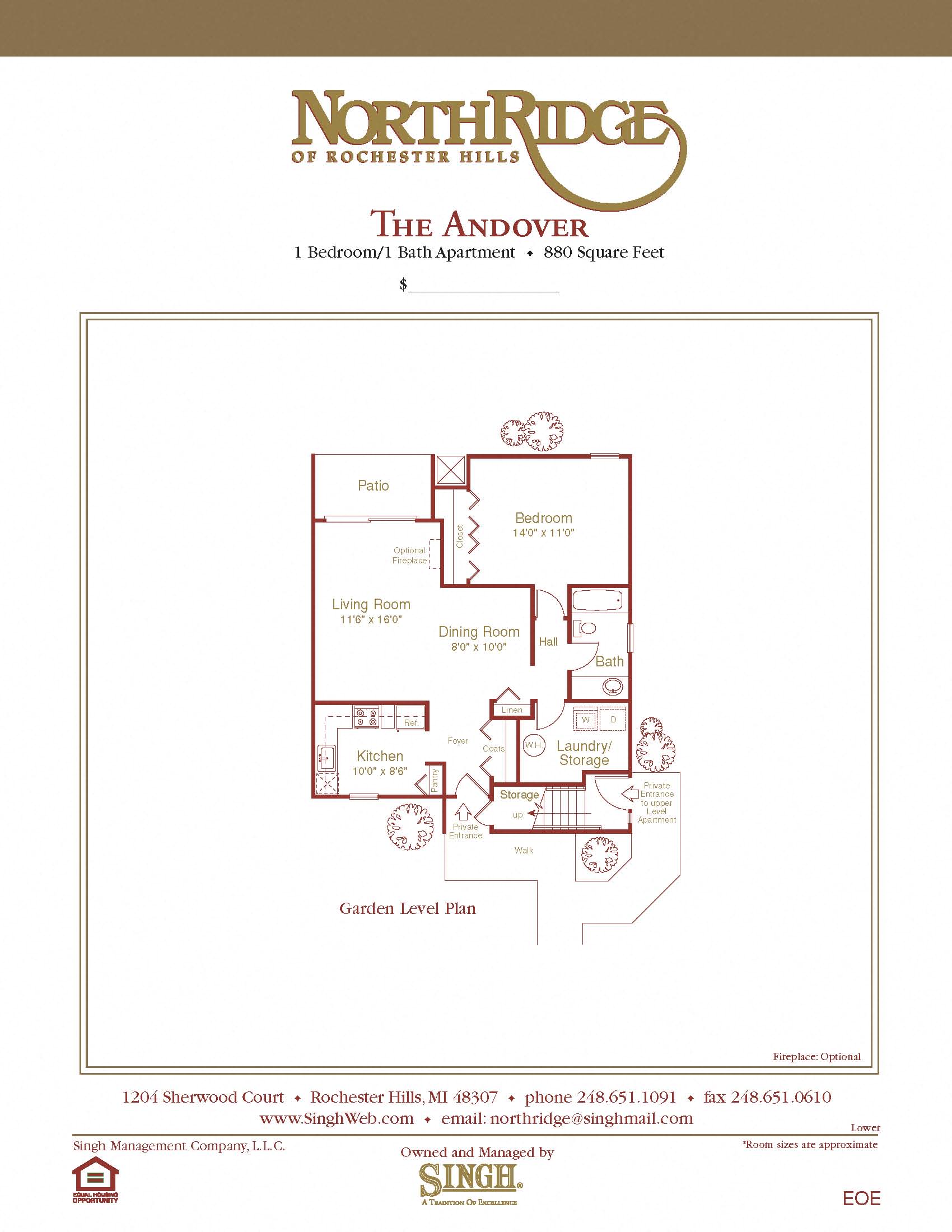 Floor plan for 1 bed, 1 bath, 880 sqft